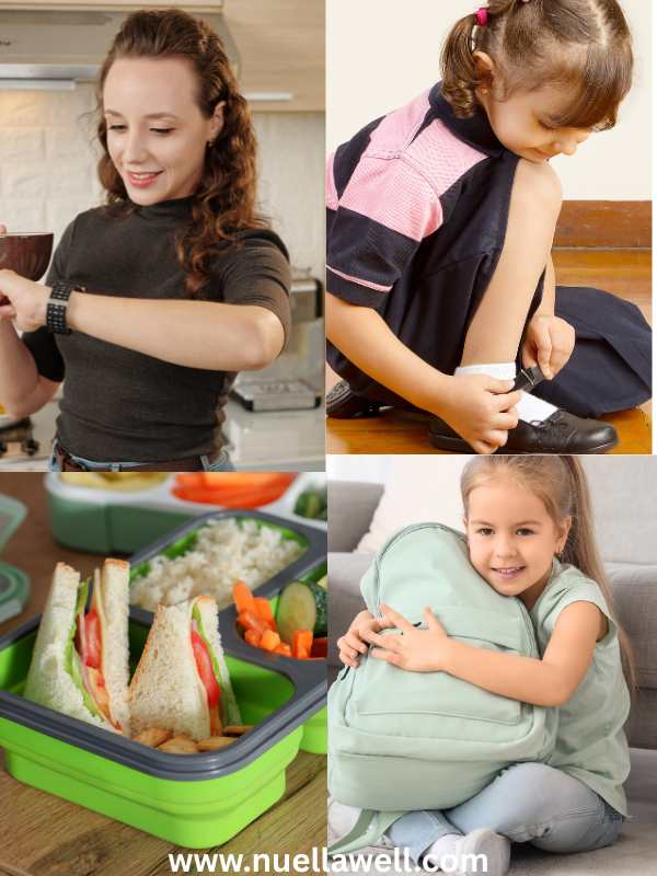 Busy-school-morning-with-kids-preparing-and-mom-multitasking