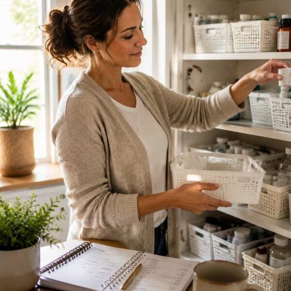 busy-mom-organizing-family-medicine-cabinet-at-home