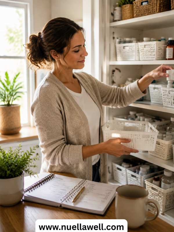busy-mom-organizing-family-medicine-cabinet-at-home