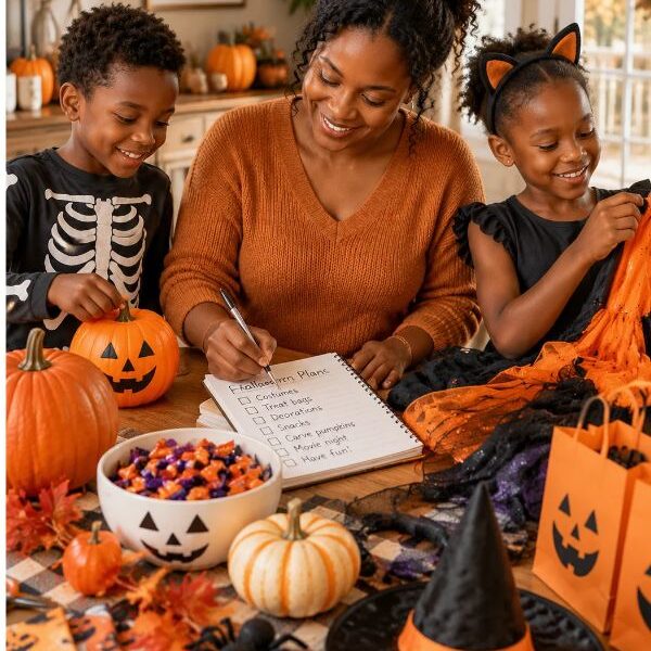 a-mom-and-her-kids-preparing-halloween-costumes-decorations-and-family-supplies-with-a-checklist-at-home