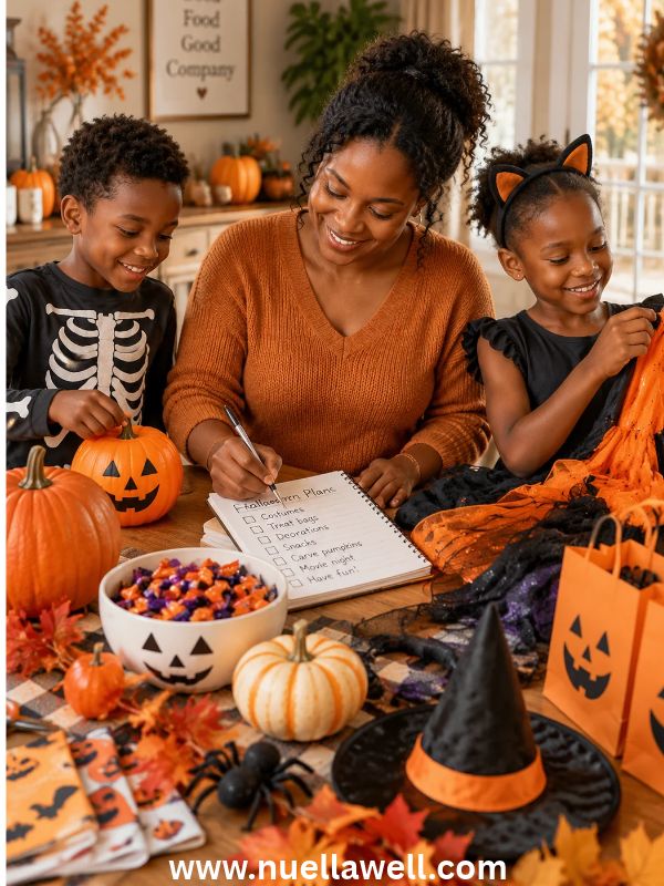 a-mom-and-her-kids-preparing-halloween-costumes-decorations-and-family-supplies-with-a-checklist-at-home