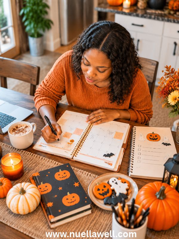 mom-planning-halloween-preparation checklist-and-family-schedule-with-a-calendar-and-planner