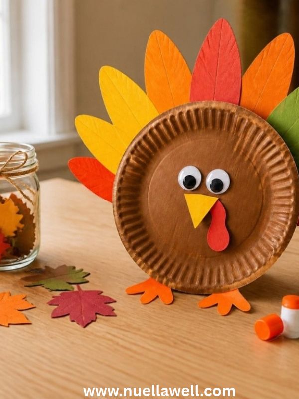 paper-plate-turkey-and-colorful-paper-leaf-crafts-arranged-on-a-children's-craft-table-in-thanksgiving-activities-for-kids