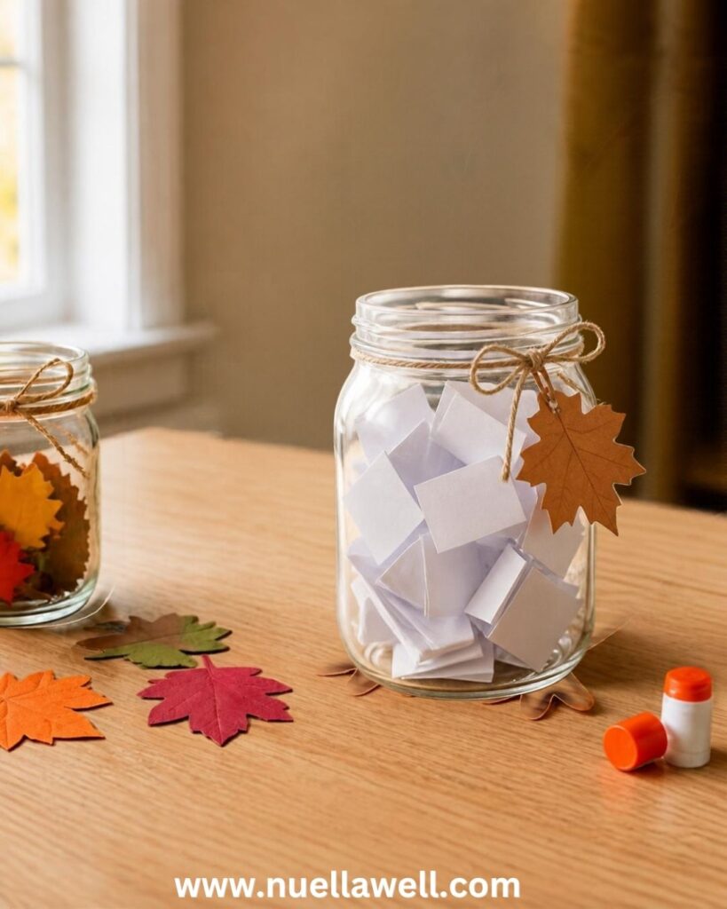family-gratitude-jar-and-autumn-decorations-arranged-for-a-Thanksgiving-activity