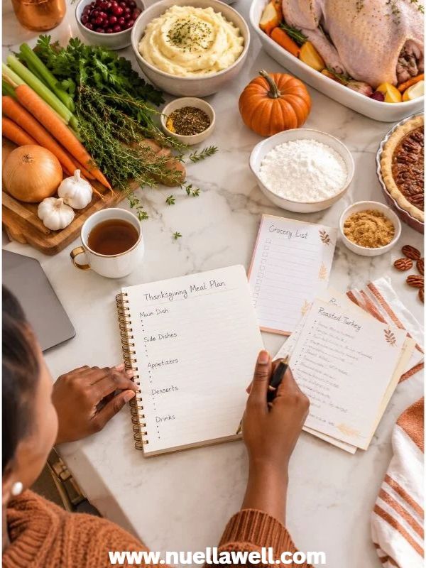 Thanksgiving-menu-planning-with-a-grocery-list-and-ingredients-on-a-kitchen-counter